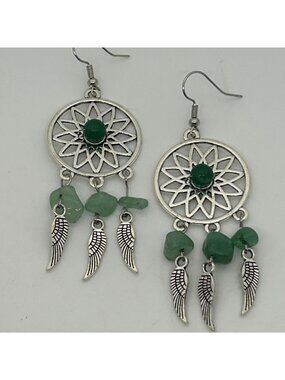 Green Aventurine Dreamcatcher Dangle Drop Earrings Silver Tone Boho Wing Charm